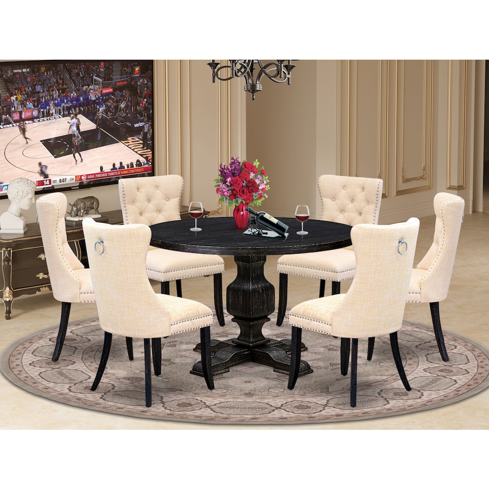 7-Piece Kitchen Set Of A Wood Table, 6 Light Beige Linen Fabric Dinner Chairs. Picture 2
