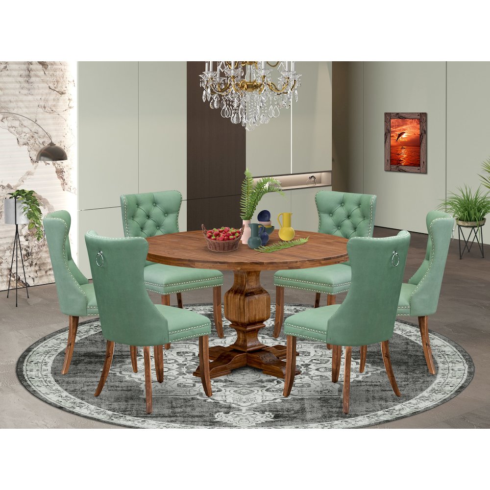 7-Pc Dining Set Consist A Mid Century Table, 6 Willow Green Upholstered Chairs. Picture 2