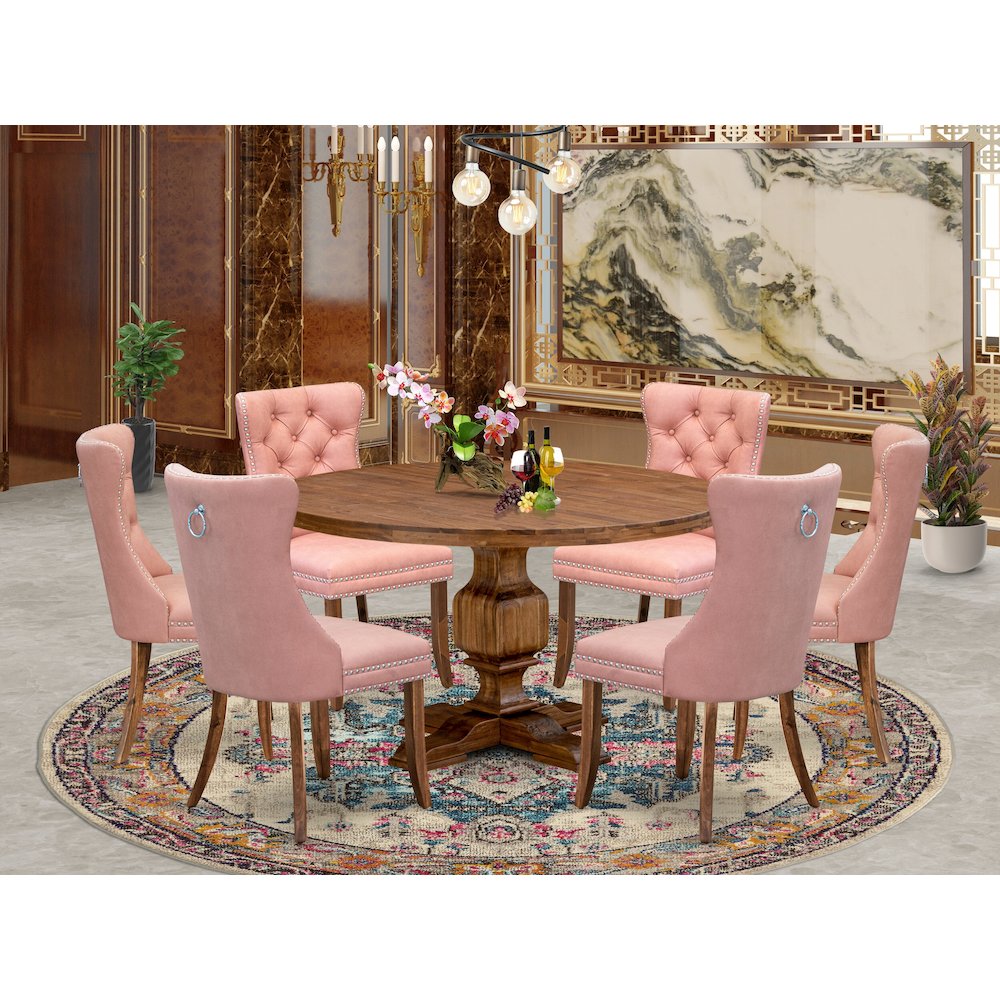 7-Pc Kitchen Dining Table Set Consist A Mid Century Table And 6 Beige Red Chairs. Picture 2
