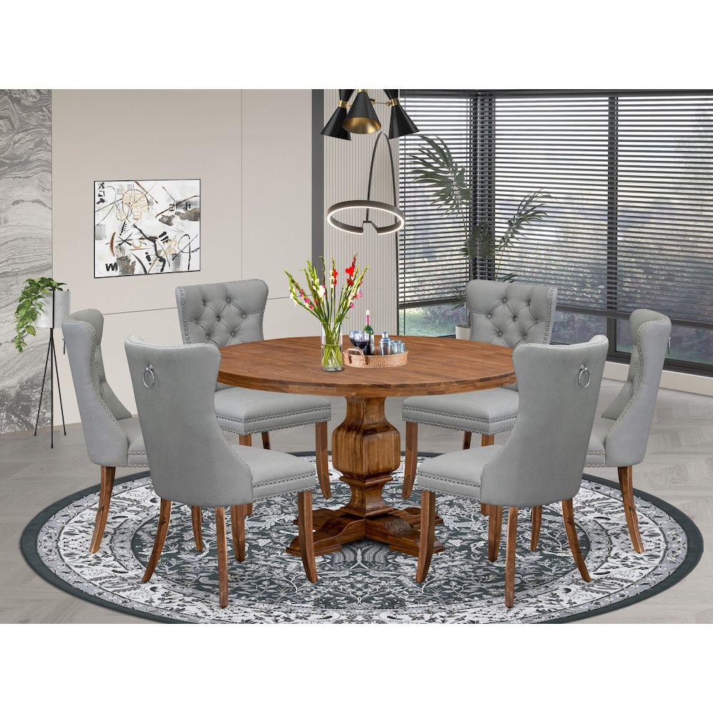 7-Pc Dining Set Consist A Mid Century Table And 6 Light Gray Upholstered Chairs. Picture 2