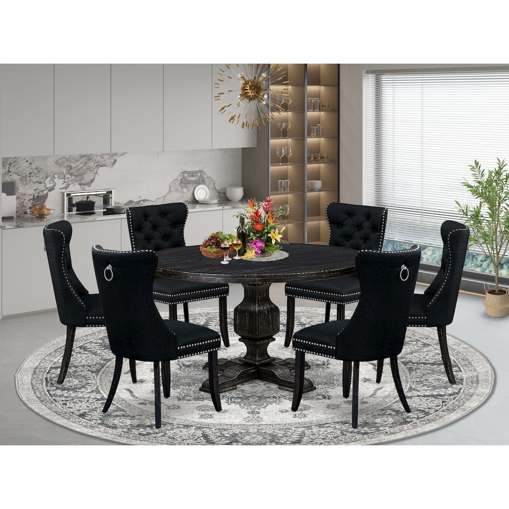 7 Piece Kitchen Table Set Consists Of 54" Round Table In Black Color. Picture 2