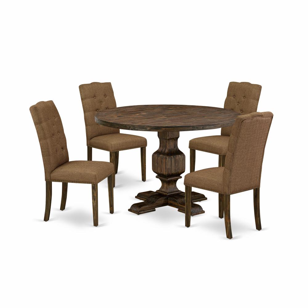 East West Furniture 5 Piece Modern Dining Set Consists of a Kitchen Table and 4 Brown Linen Fabric Parson Chairs with Button Tufted Back - Distressed Jacobean Finish. Picture 1