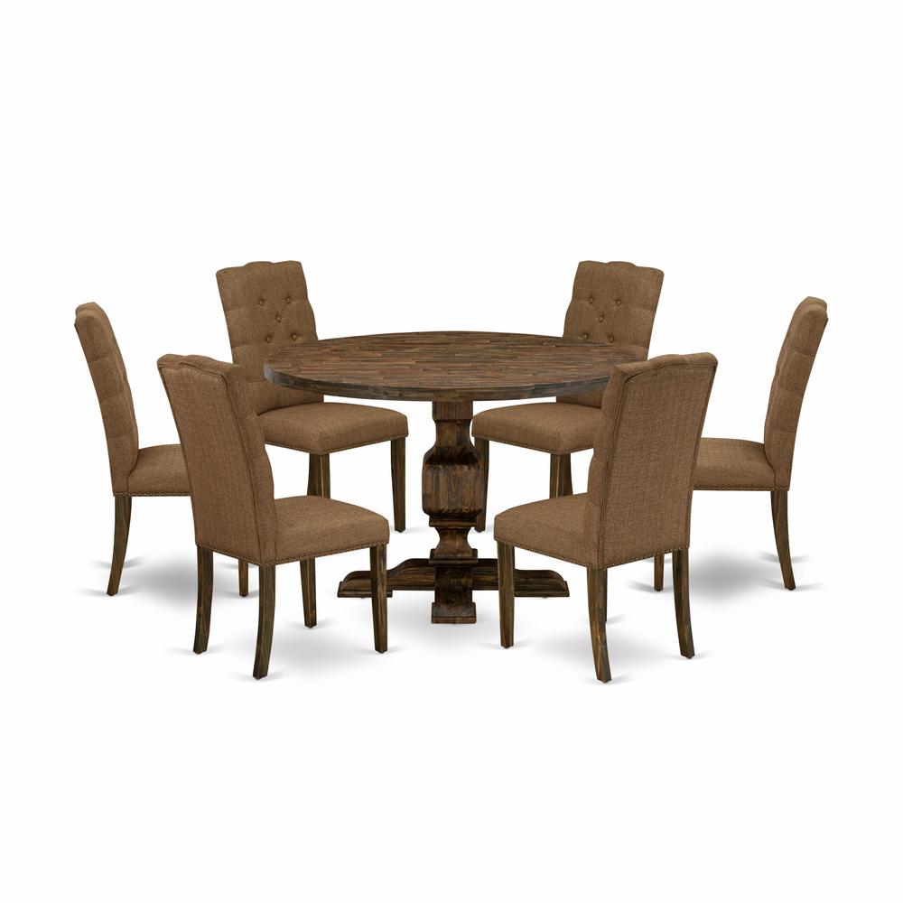 East West Furniture 7 Piece Dining Set Includes a Dining Room Table and 6 Brown Linen Fabric Upholstered Dining Chairs with Button Tufted Back - Distressed Jacobean Finish. Picture 1