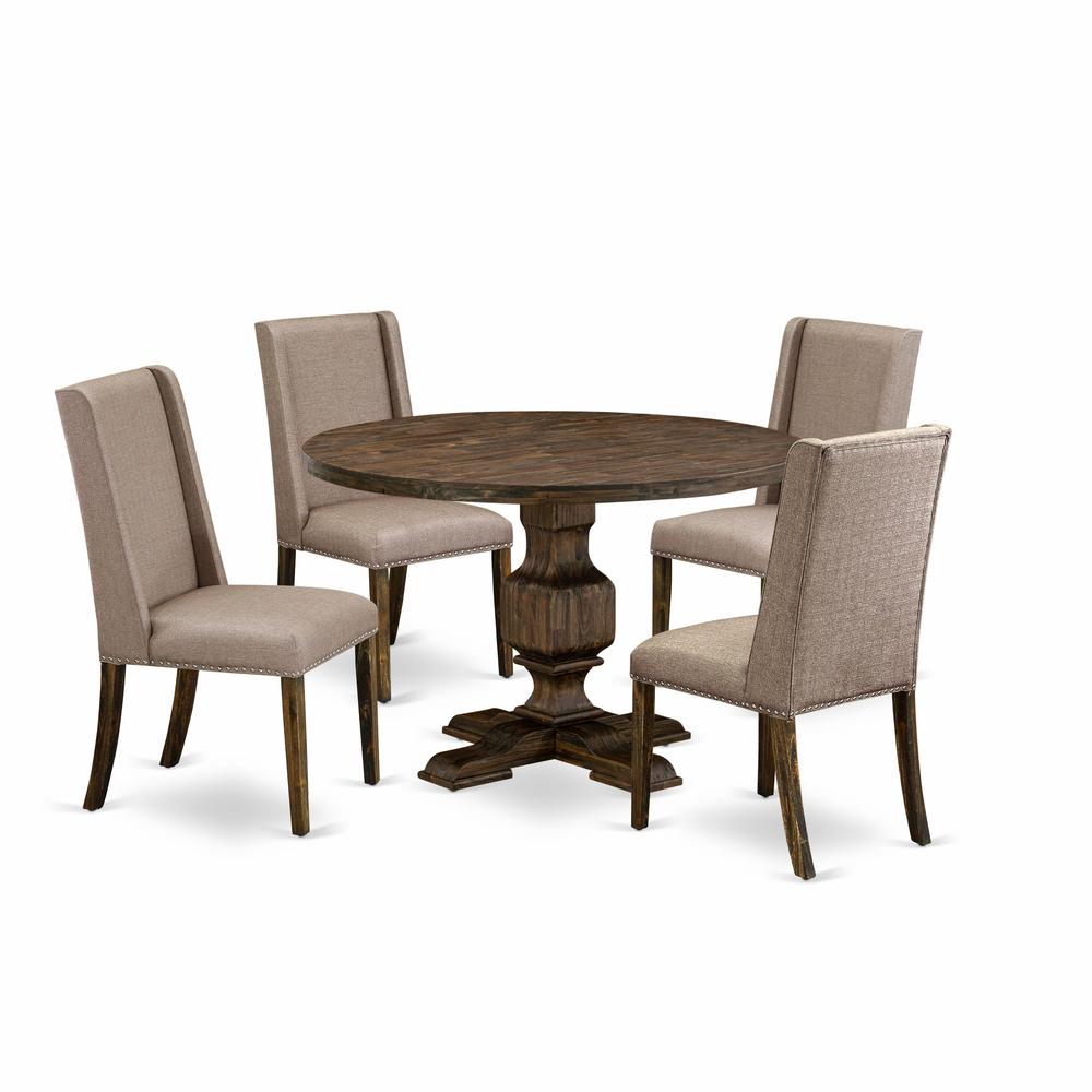 East West Furniture 5 Piece Dining Set Consists of a Mid Century Dining Table and 4 Dark Khaki Linen Fabric Dining Chairs with High Back - Distressed Jacobean Finish. Picture 1