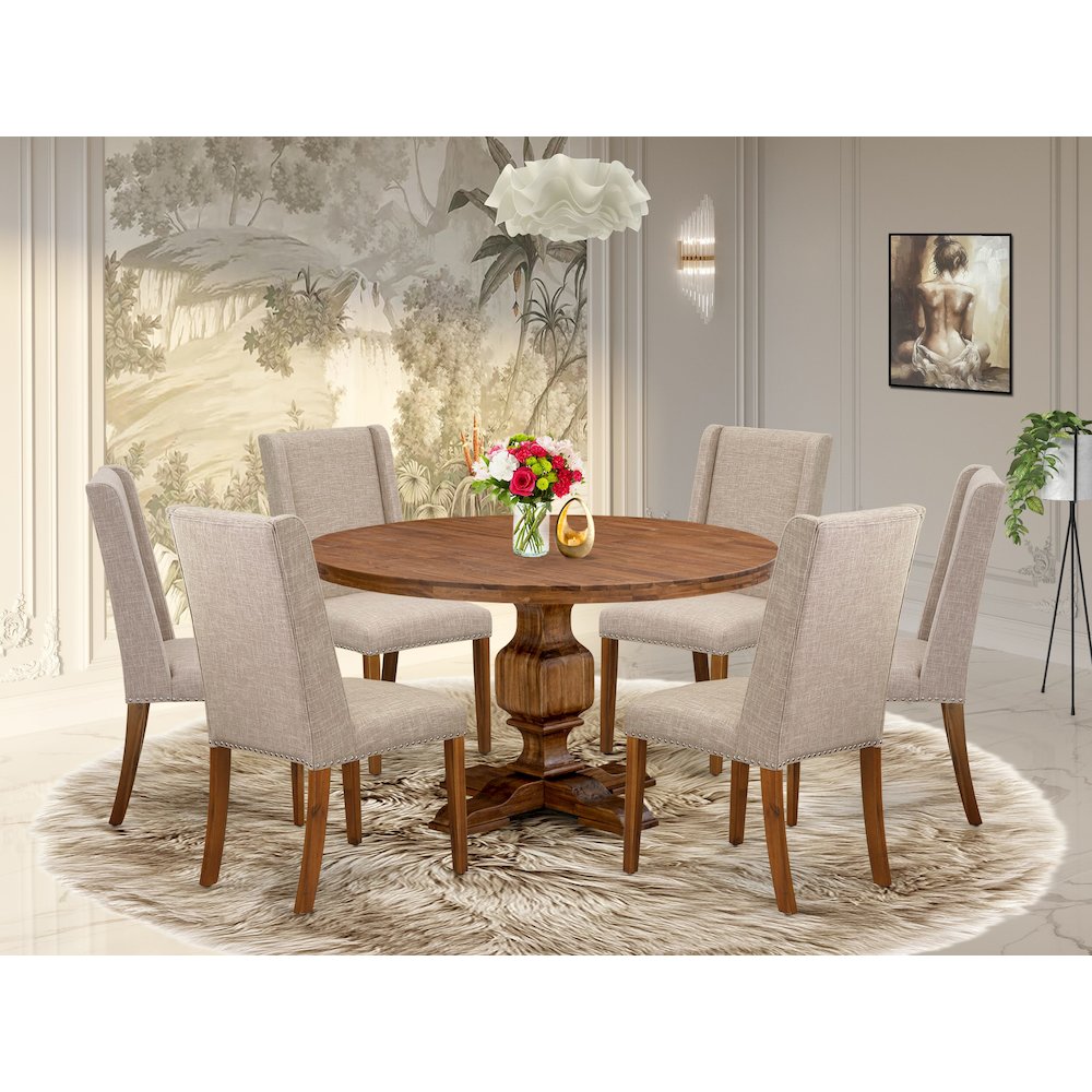 7-Piece Modern Dining Set Of A Kitchen Table, 6 Light Tan Upholstered Chair. Picture 2