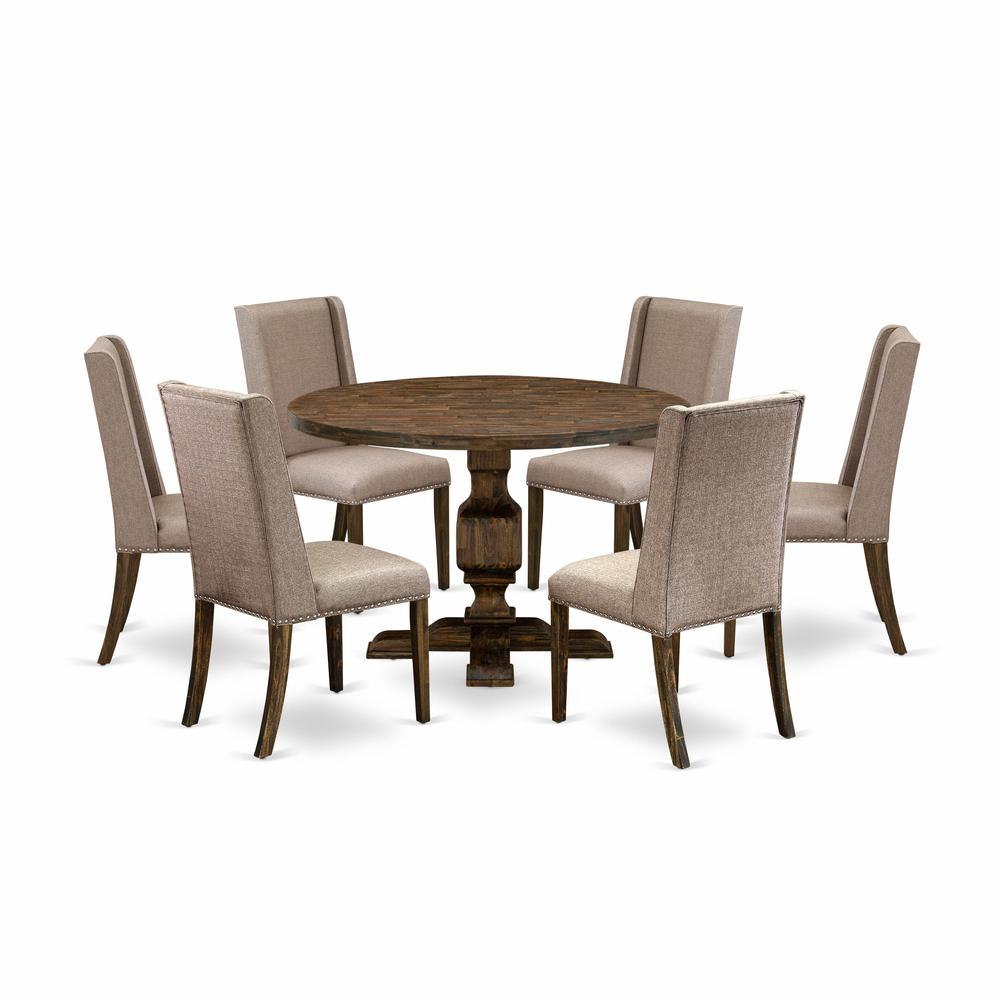 East West Furniture 7 Piece Dining Set Consists of a Wooden Table and 6 Dark Khaki Linen Fabric Upholstered Chairs with High Back - Distressed Jacobean Finish. Picture 1