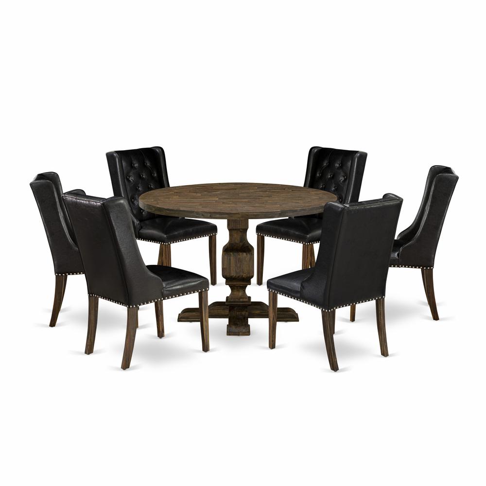 East West Furniture 7 Piece Dining Room Set Includes a Mid Century Modern Dining Table and 6 Black PU Leather Dining Chairs with Button Tufted Back - Distressed Jacobean Finish. Picture 1