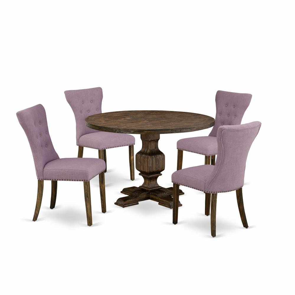East West Furniture 5 Piece Dining Room Table Set Includes a Dining Room Table and 4 Dahlia Linen Fabric Dining Room Chairs with Button Tufted Back - Distressed Jacobean Finish. Picture 1