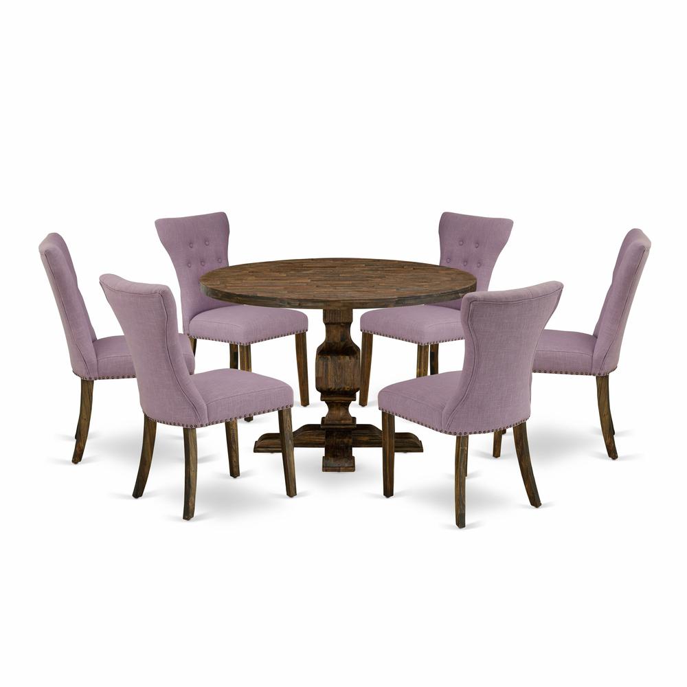 East West Furniture 7 Piece Table Set Consists of a Kitchen Table and 6 Dahlia Linen Fabric Dining Chairs with Button Tufted Back - Distressed Jacobean Finish. Picture 1