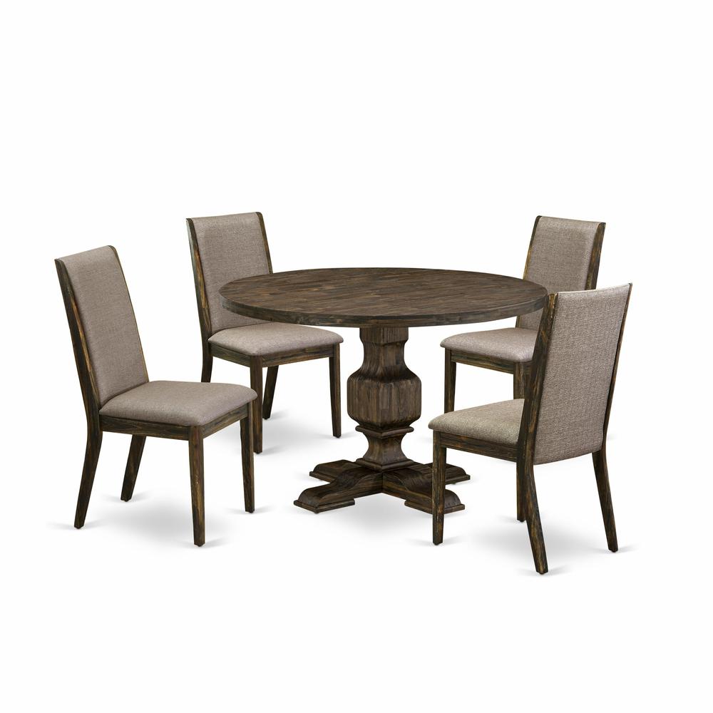 East West Furniture 5 Piece Modern Dining Set Contains a Dinner Table and 4 Dark Khaki Linen Fabric Modern Dining Chairs with High Back - Distressed Jacobean Finish. Picture 1