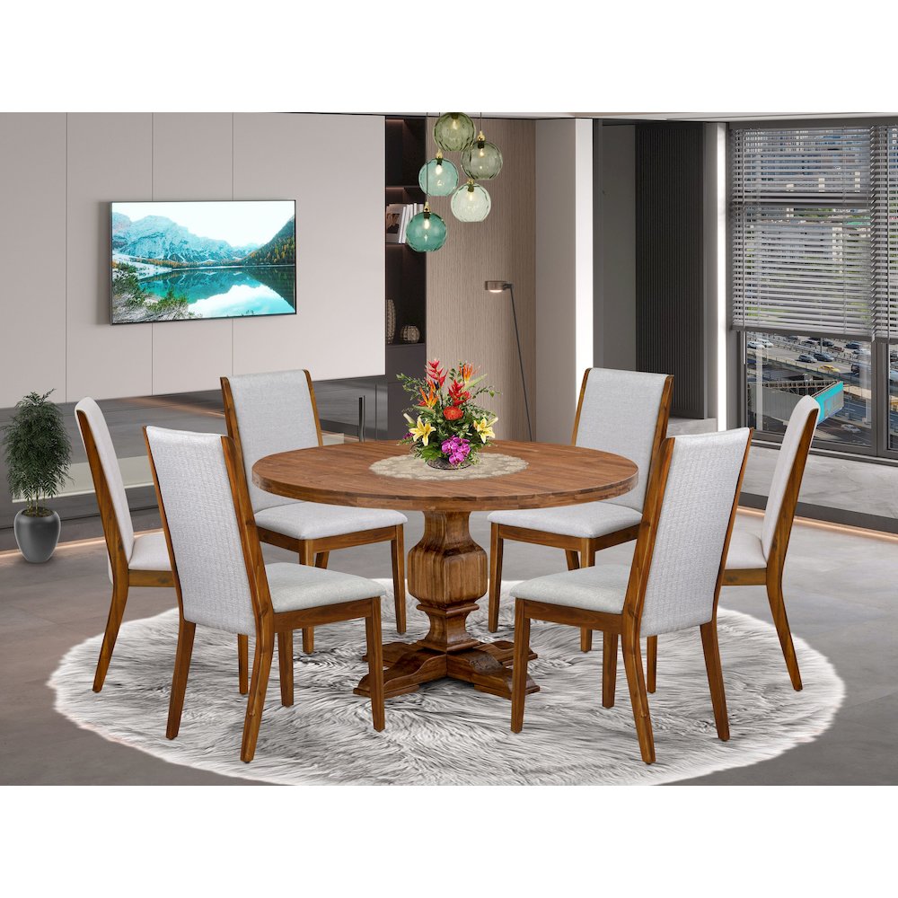 7-Piece Modern Dining Table Set A Kitchen Table, 6 Grey Fabric Dining Chairs. Picture 2