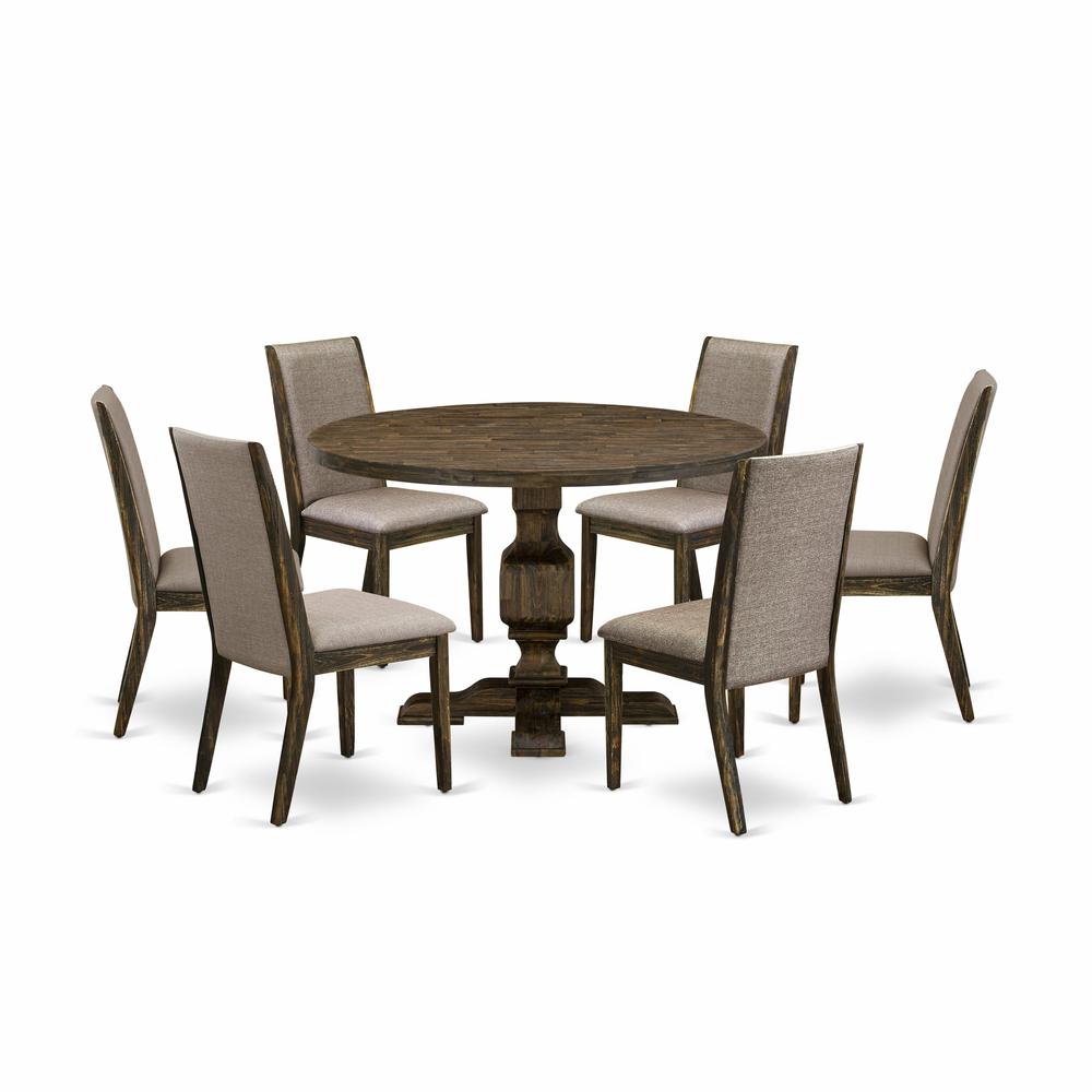 East West Furniture 7 Piece Modern Dining Table Set Contains a Mid Century Dining Table and 6 Dark Khaki Linen Fabric Mid Century Chairs with High Back - Distressed Jacobean Finish. Picture 1