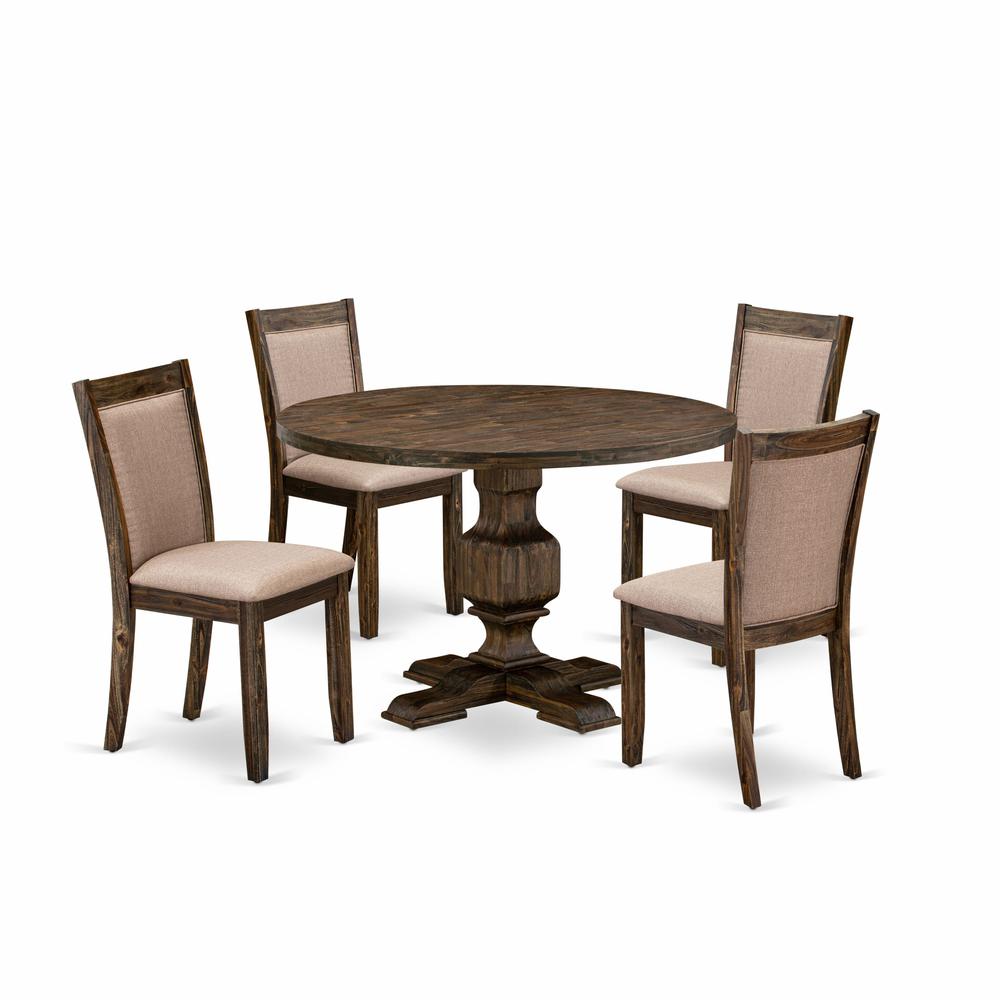 East West Furniture 5 Piece Dining Room Set Includes a Mid Century Dining Table and 4 Dark Khaki Linen Fabric Kitchen Chairs with High Back - Distressed Jacobean Finish. Picture 1