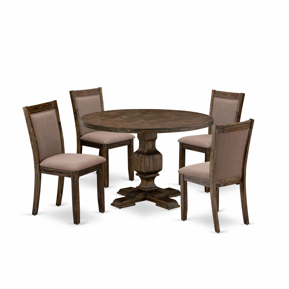 East West Furniture 5-Pc Dining Set - Round Dining Table and 4 Coffee Color Parson Wooden Chairs with High Back - Distressed Jacobean Finish. Picture 1