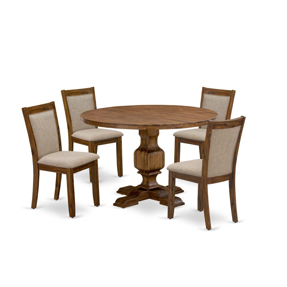 East West Furniture 5-Pc Dinner Table Set - Round Kitchen Table and 4 Light Tan Color Parson Chairs with High Back - Antique Walnut Finish. Picture 1