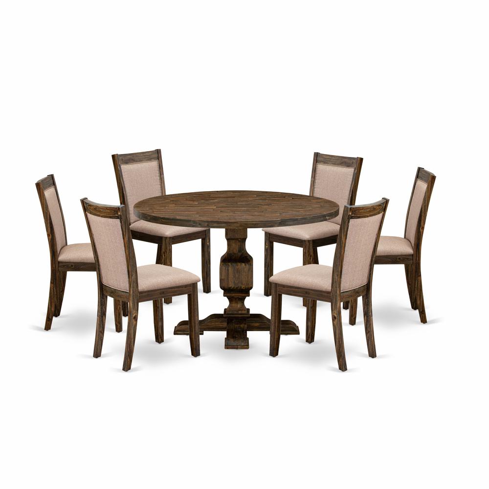 East West Furniture 7 Piece Dinette Set Consists of a Modern Kitchen Table and 6 Dark Khaki Linen Fabric Parson Chairs with High Back - Distressed Jacobean Finish. Picture 1