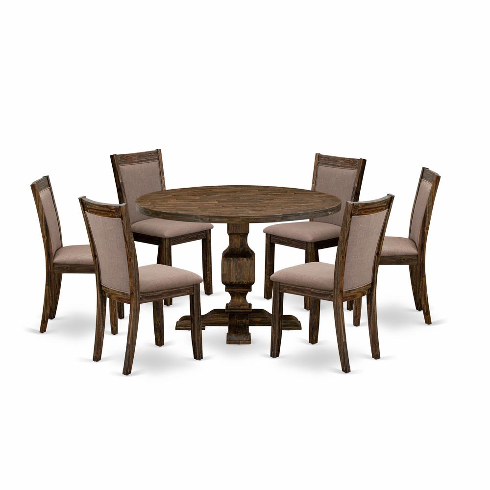 East West Furniture 7-Piece Modern Dining Set - Wooden Table and 6 Coffee Color Parson Wood Dining Chairs with High Back - Distressed Jacobean Finish. Picture 1