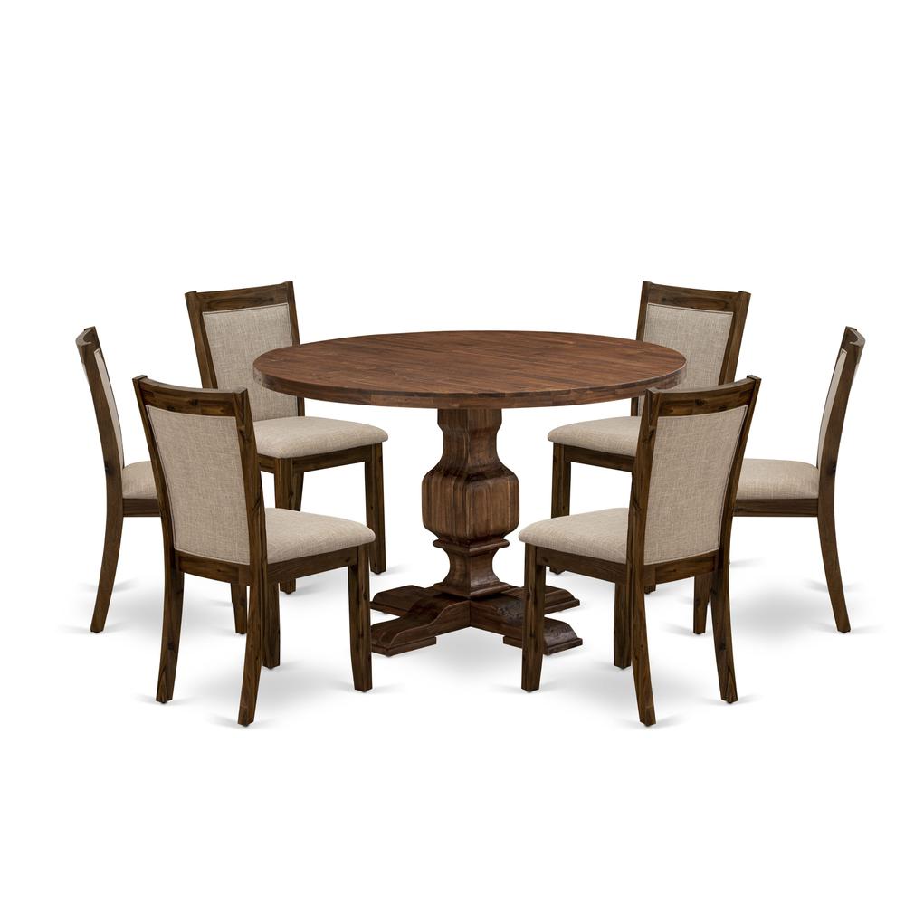East West Furniture 7-Piece Dining Room Set - Round Wood Dining Table and 6 Light Tan Color Parson Chairs with High Back - Antique Walnut Finish. Picture 1