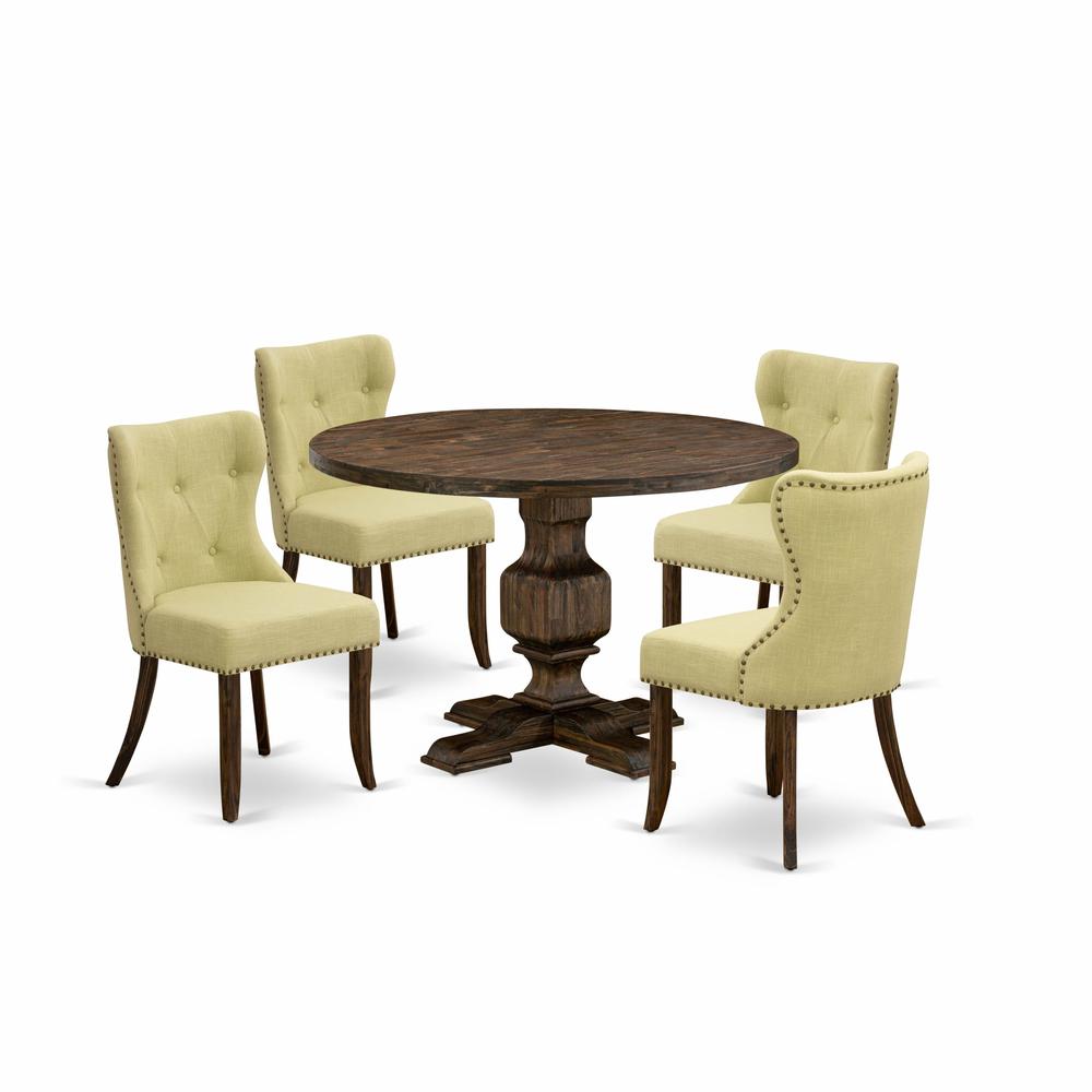 East West Furniture 5-Pc Modern Dining Table Set - Dining Table and 4 Limelight Color Parson Modern Chairs with Button Tufted Back - Distressed Jacobean Finish. Picture 1