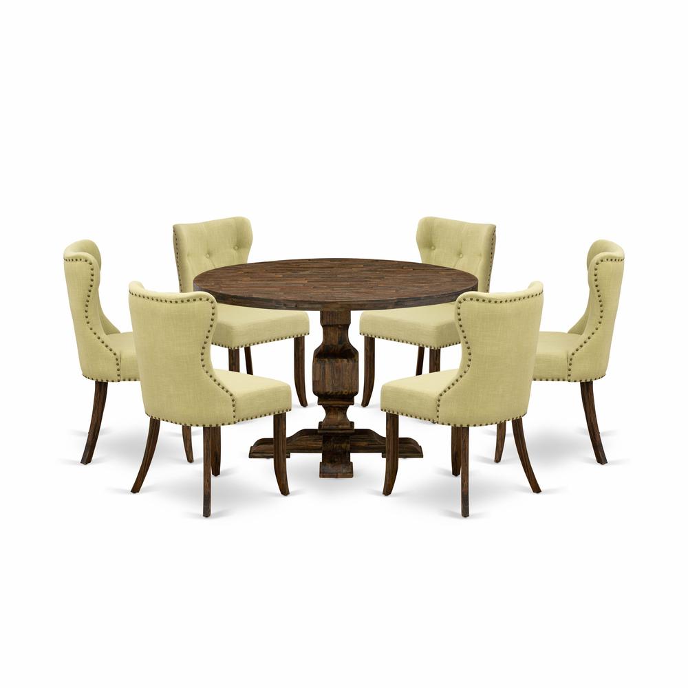 East West Furniture 7-Piece Dining Table Set - Modern Dining Table and 6 Limelight Color Parson Dining Room Chairs with Button Tufted Back - Distressed Jacobean Finish. Picture 1