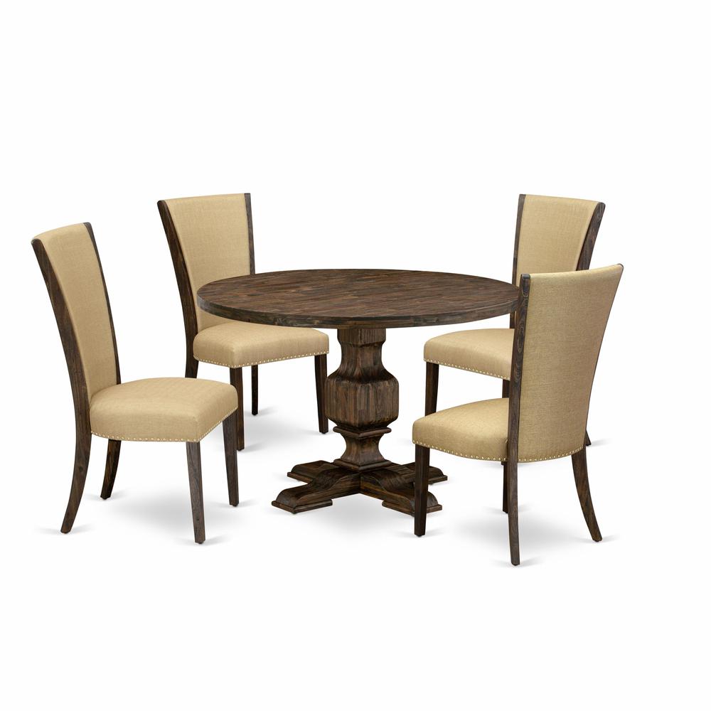 East West Furniture 5-Piece Modern Dining Set - Dining Table and 4 Brown Color Parson Padded Chairs with High Back - Distressed Jacobean Finish. Picture 1