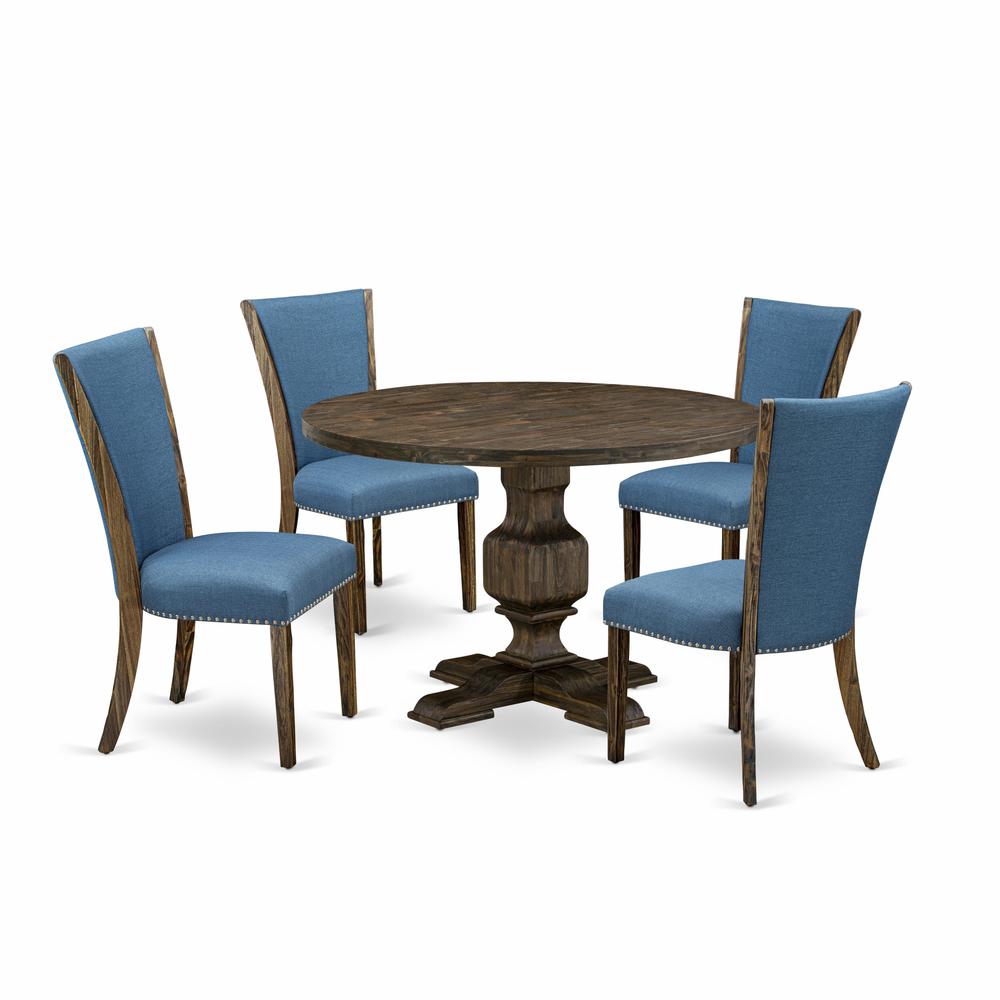East West Furniture 5-Pc Kitchen Dining Table Set - Round Modern Dining Table and 4 Blue Color Parson Wood Dining Chairs with High Back - Distressed Jacobean Finish. Picture 1