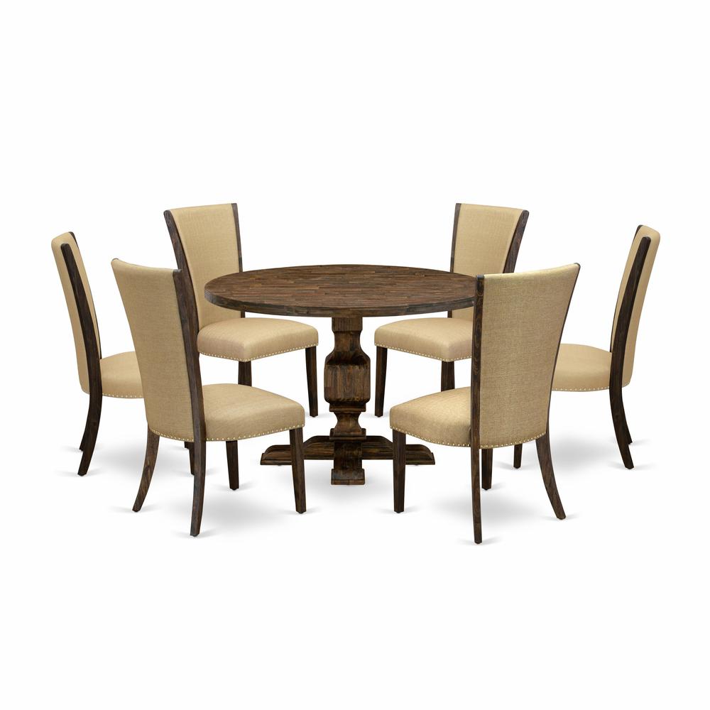 East West Furniture 7-Piece Dining Set - Wooden Dining Table and 6 Brown Color Parson Kitchen Chairs with High Back - Distressed Jacobean Finish. Picture 1