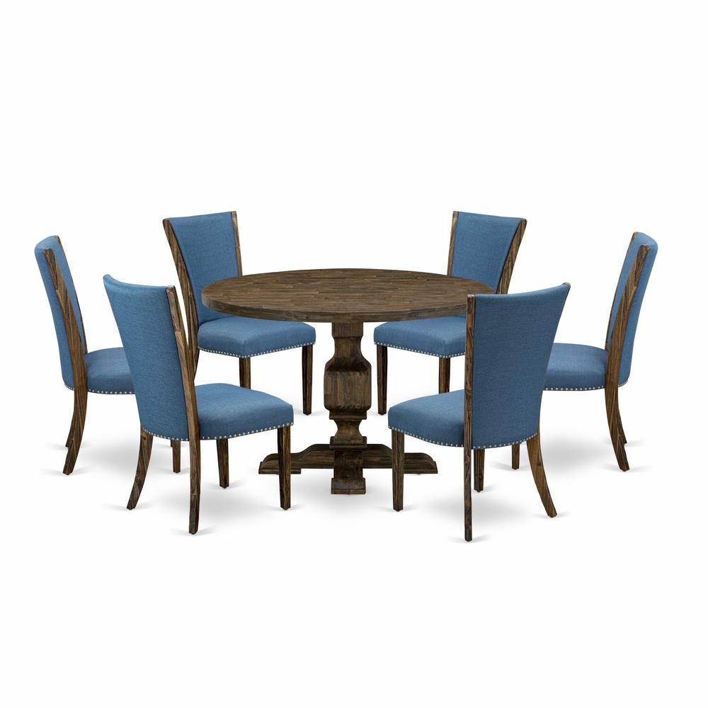 East West Furniture 7-Pc Dining Room Table Set - Dinner Table and 6 Blue Color Parson Dining Chairs with High Back - Distressed Jacobean Finish. Picture 1