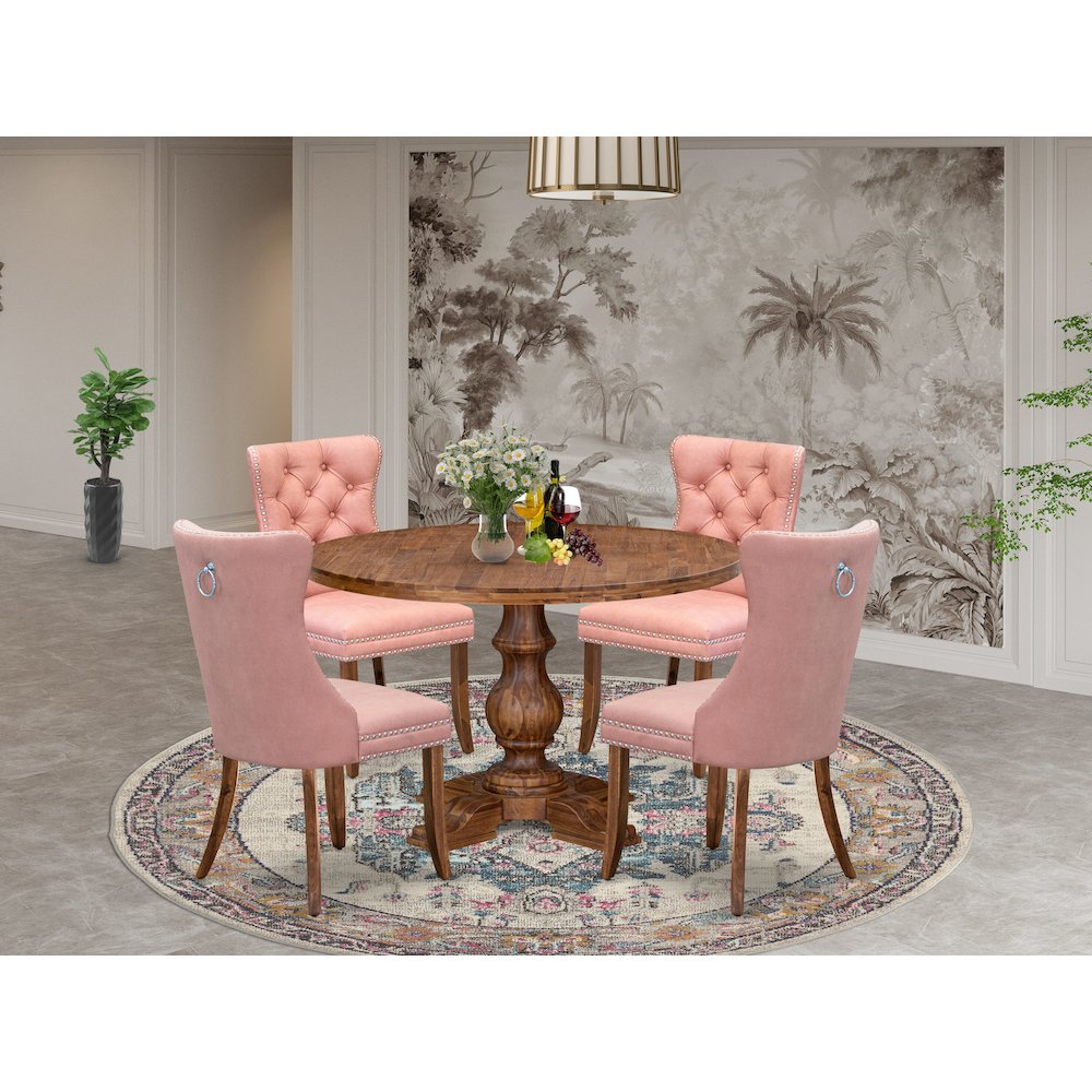 5-Pc Modern Dining Table Set Contain A Wood Table And 4 Beige Red Parson Chairs. Picture 2
