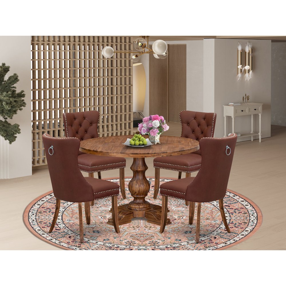 5-Pc Mid Century Modern Dining Set Contain A Wood Table And 4 Burgundy Chairs. Picture 2