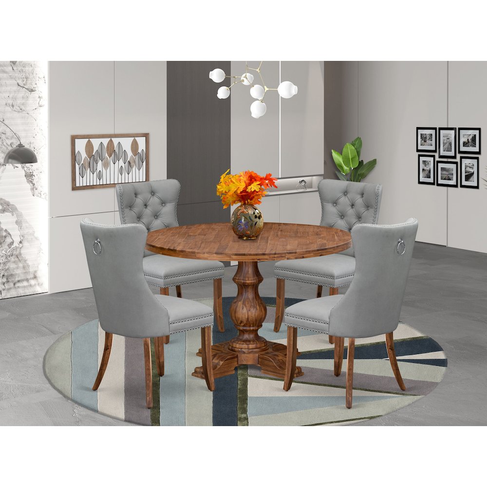 5-Pc Dinner Table Set Contain A Wood Table And 4 Light Gray Upholstered Chairs. Picture 2