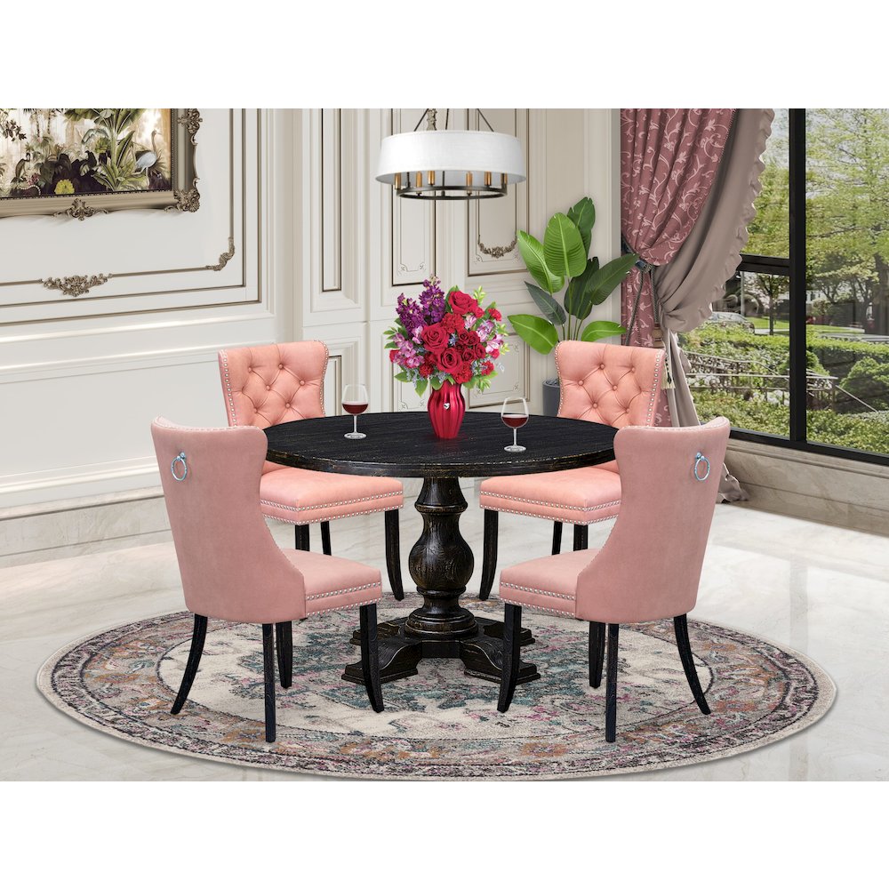 5 Piece Dining Set For 4 Consists Of 48" Round Table In Beige Red Color. Picture 2