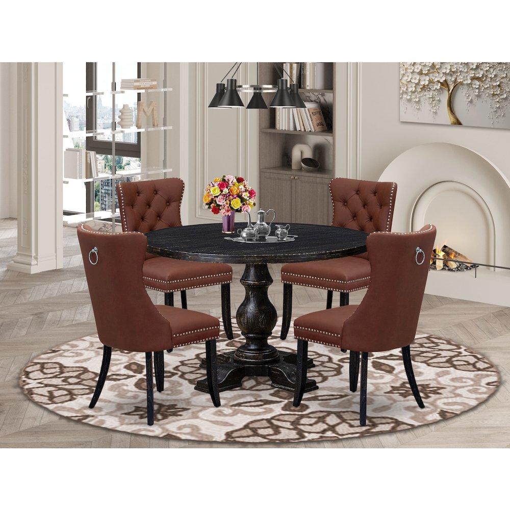 5 Piece Dining Table Set Consists Of 48" Round Table In Burgandy Color. Picture 2