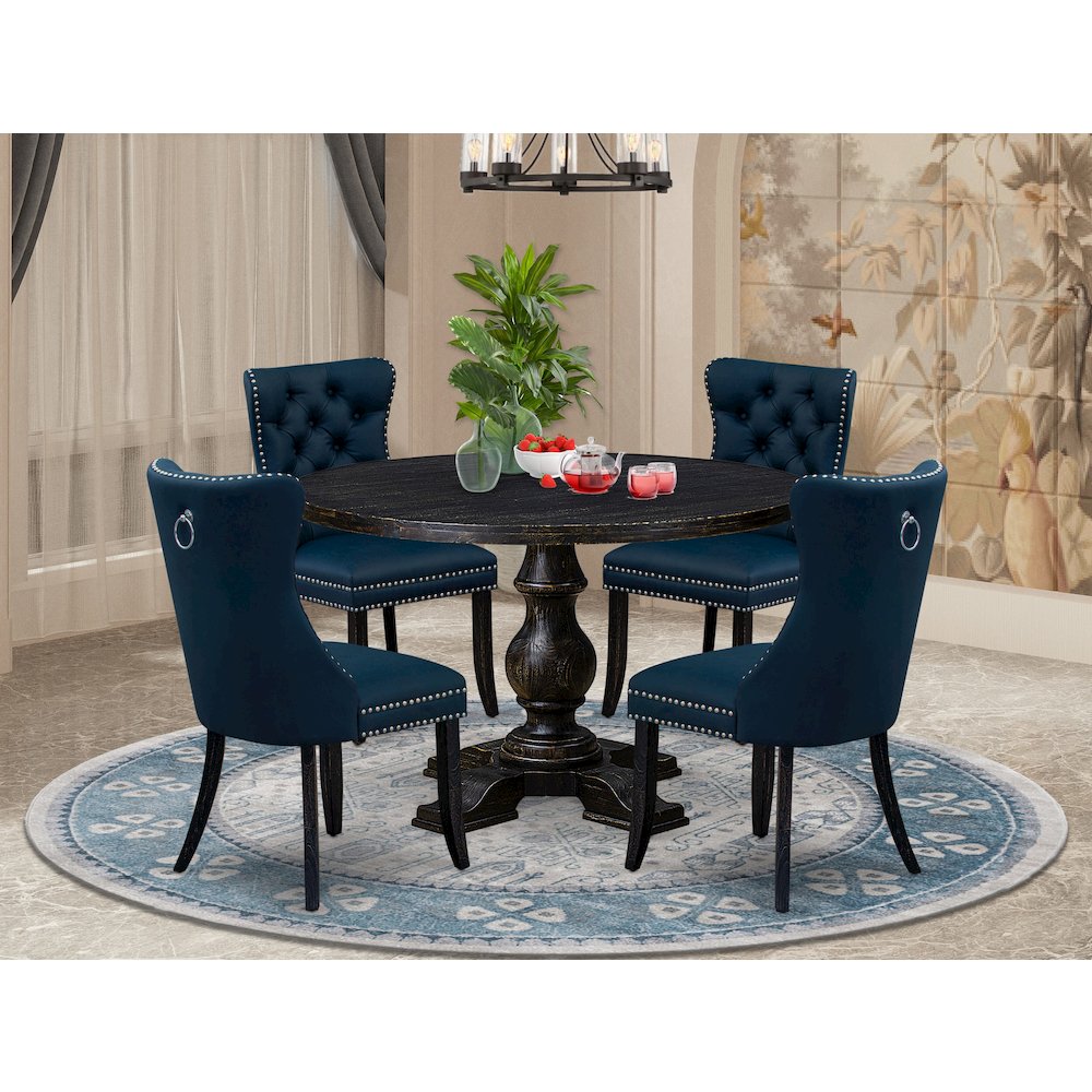 5 Piece Dining Table Set Consists Of 48" Round Table In Navy Blue Color. Picture 2