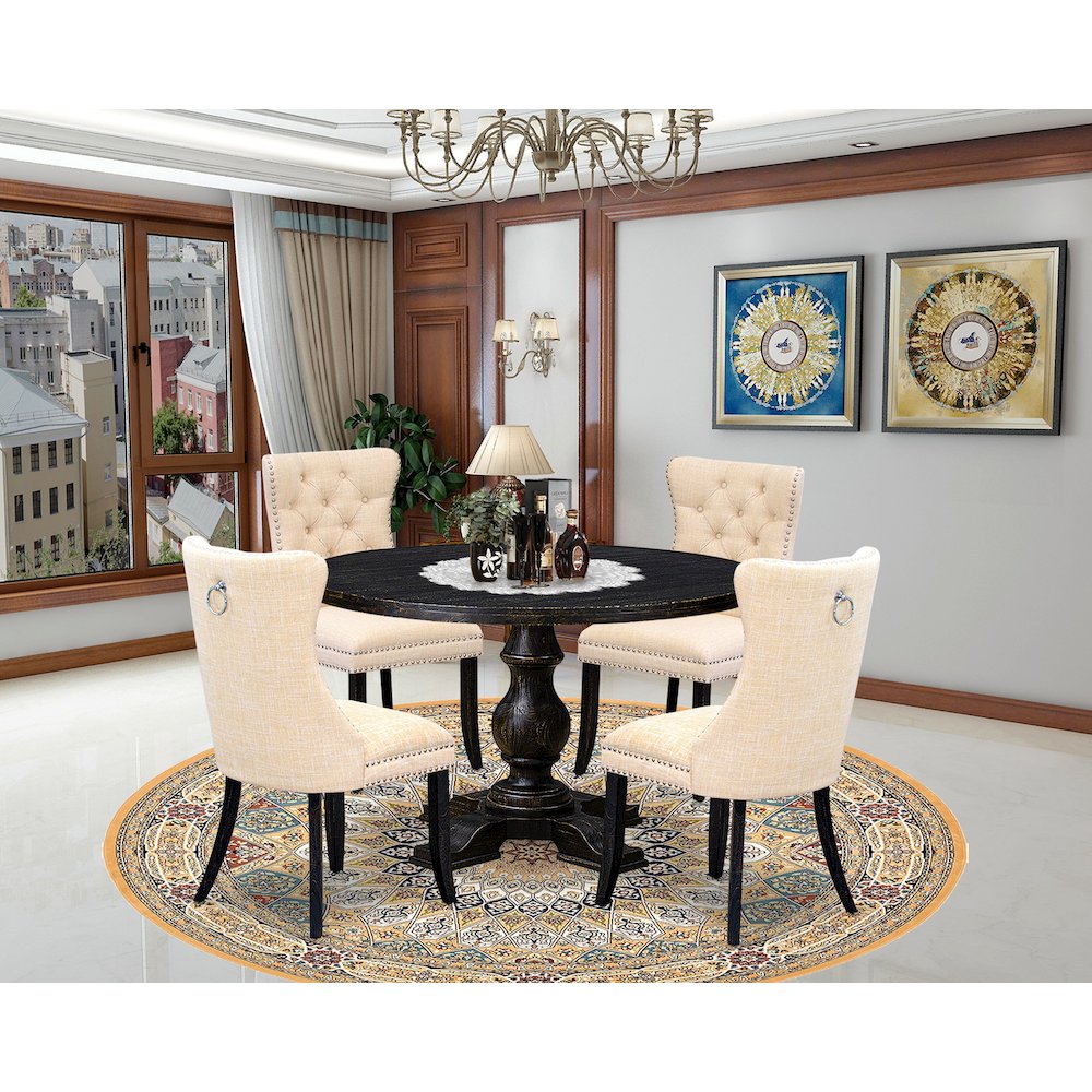 5-Pc Dinner Table Set A Wood Table, 4 Light Beige Linen Fabric Kitchen Chairs. Picture 2