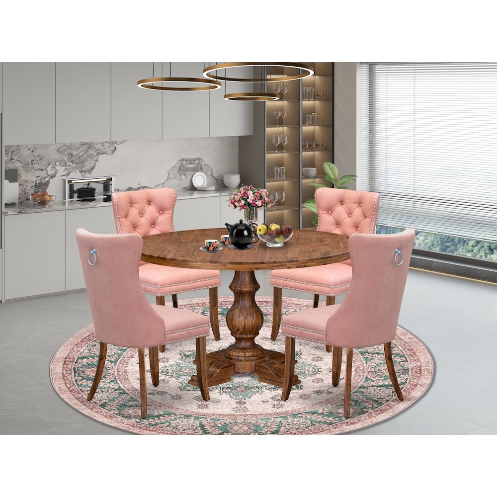 5-Pc Modern Dining Table Set Contain A Wooden Table, 4 Beige Red Padded Chairs. Picture 2
