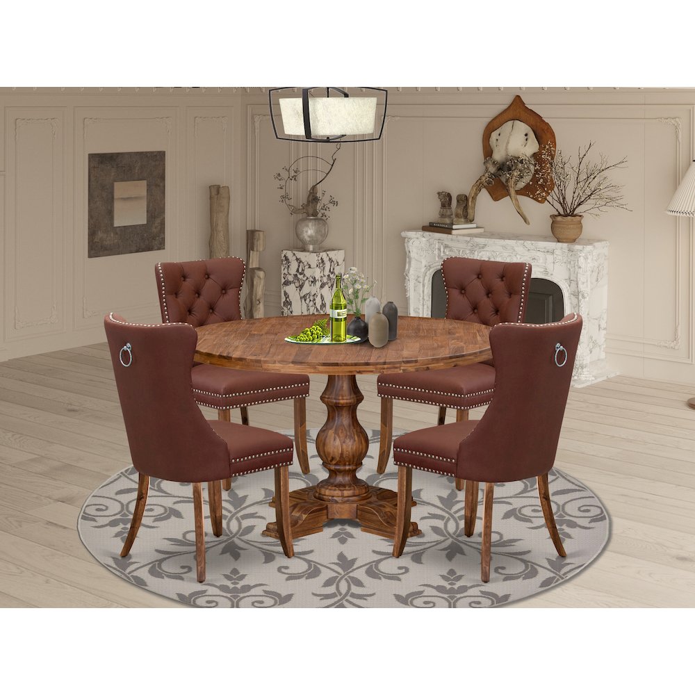 5-Pc Kitchen Table Set Contain A Wooden Table And 4 Burgundy Upholstered Chairs. Picture 2