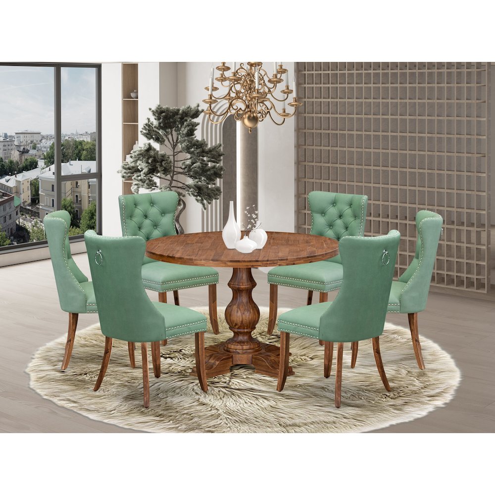 7-Pc Dining Set Include A Modern Dining Table And 6 Willow Green Chairs. Picture 2