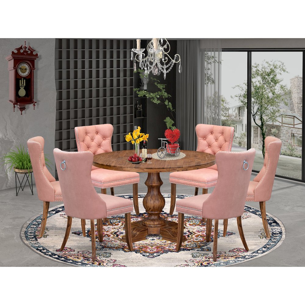 7-Pc Modern Dining Set Include A Table And 6 Beige Red Upholstered Dining Chairs. Picture 2