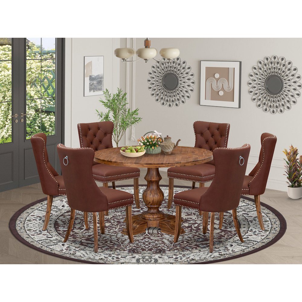 7-Pc Dining Table Set Include A Modern Table And 6 Burgundy Upholstered Chairs. Picture 2