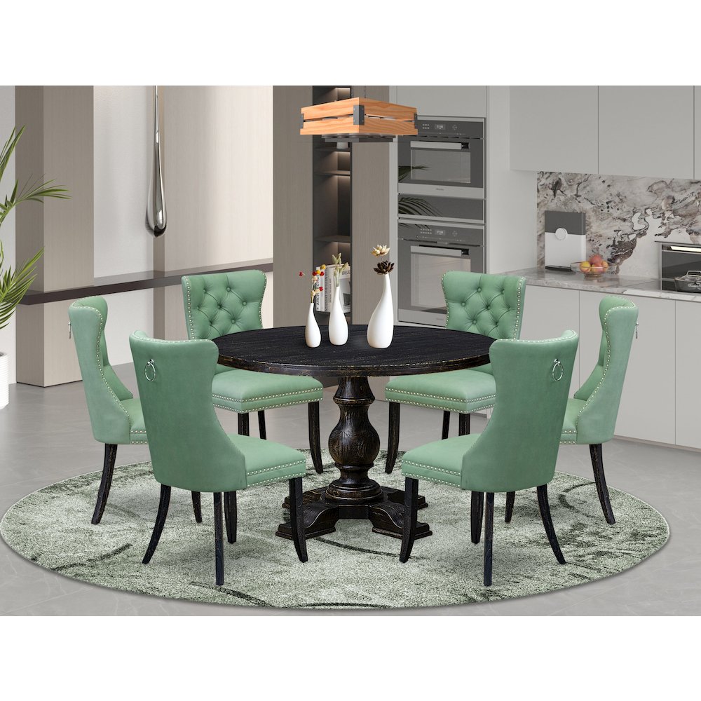 7 Piece Dinette Set Contains 48" Round Table In Willow Green Color. Picture 2
