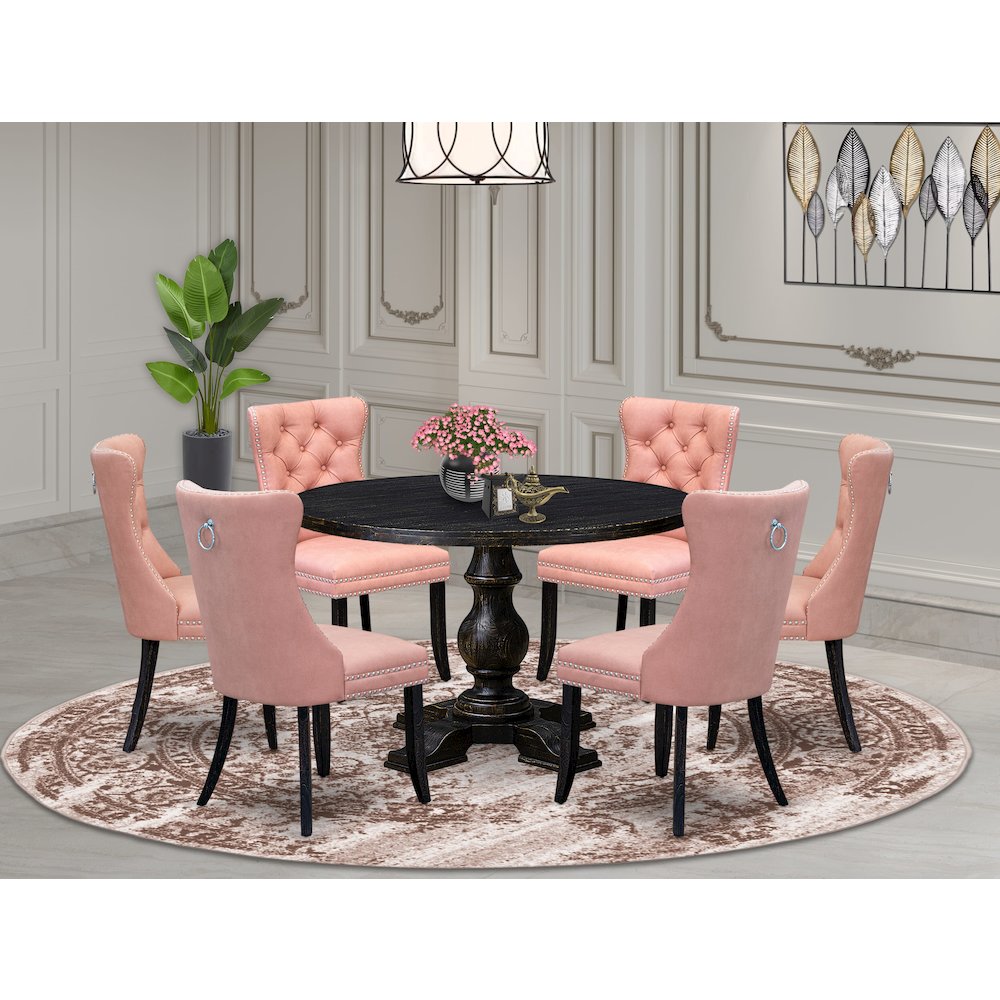 7 Piece Dining Set Contains 48" Round Kitchen Table In Beige Red Color. Picture 2