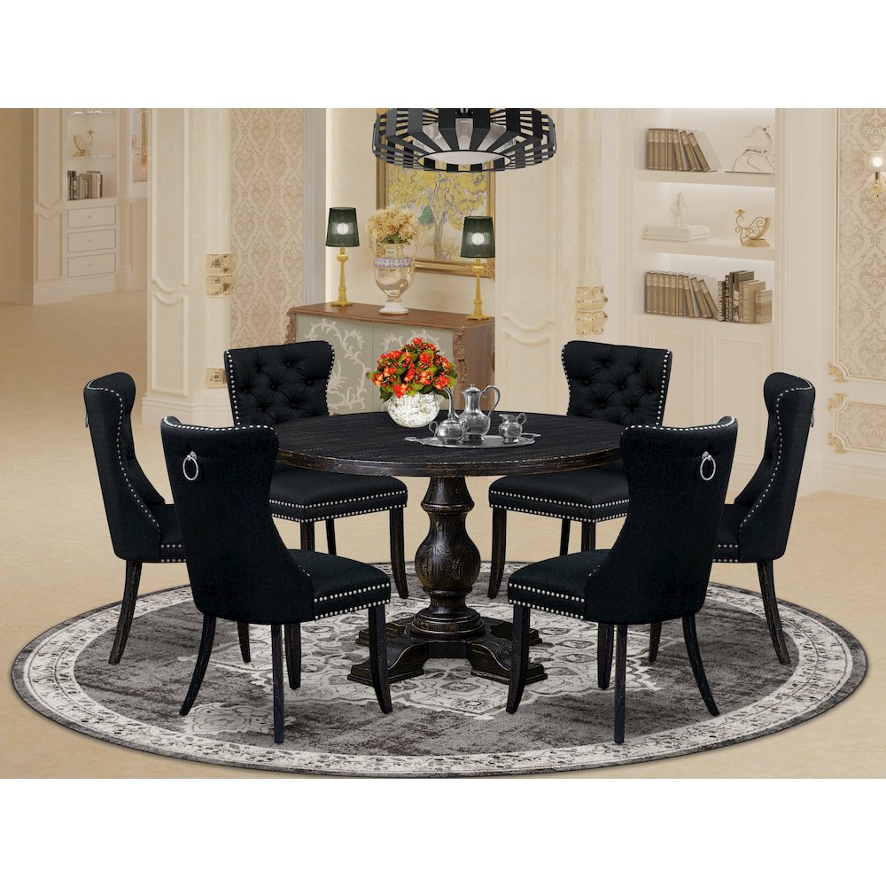 7-Piece Dining Table Set Of A Wood Table, 6 Black Linen Fabric Dining Chairs. Picture 2