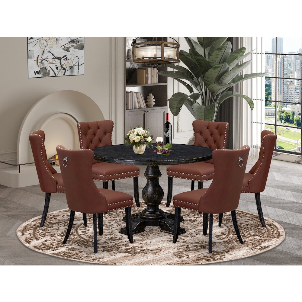 7 Piece Dining Table Set Contains 48" Round Table In Burgandy Color. Picture 2