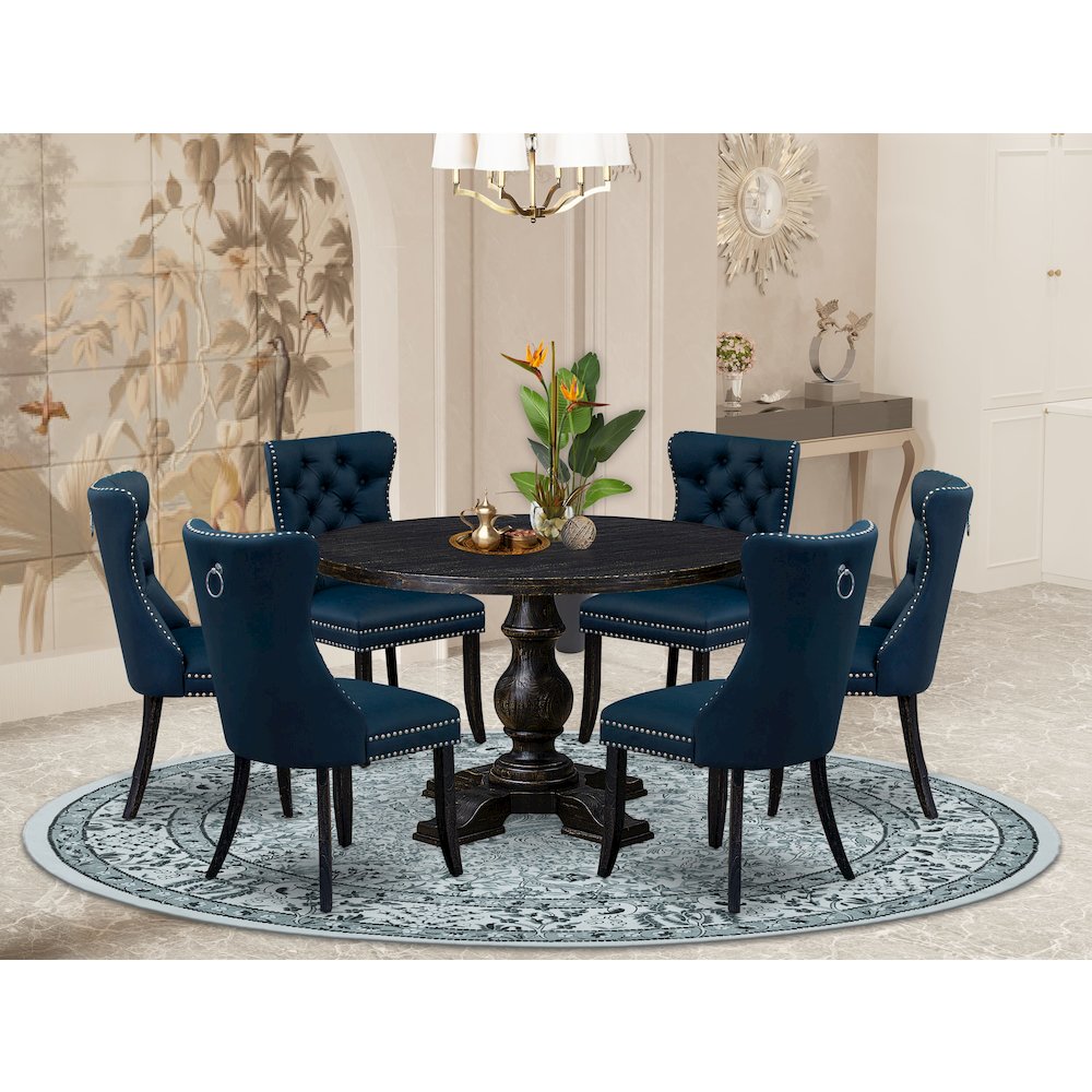 7 Piece Dining Table Set Contains 48" Round Table In Navy Blue Color. Picture 2