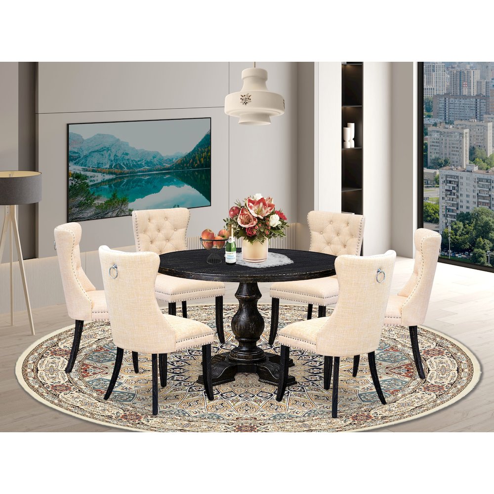 7-Piece Dinette A Modern Table And 6 Light Beige Linen Fabric Dining Chair. Picture 2