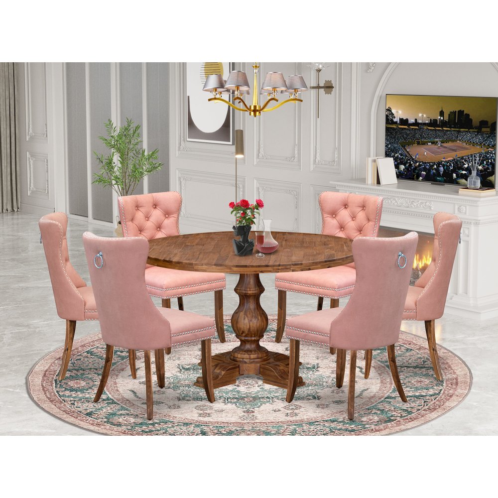 7-Pc Dinner Table Set Include A Dining Table And 6 Beige Red Upholstered Chairs. Picture 2