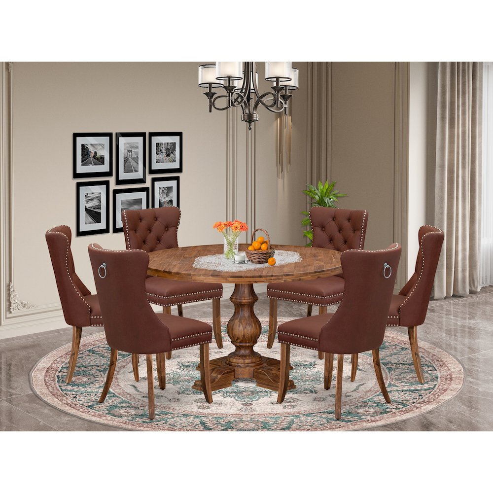 7-Pc Dining Set Include A Dining Table And 6 Burgundy Faux Leather Parson Chairs. Picture 2