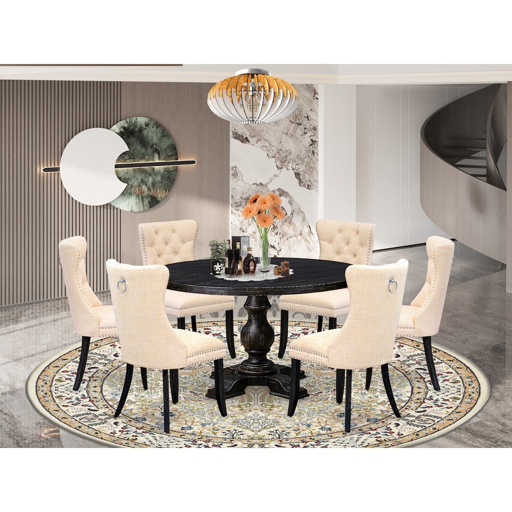 7-Piece Kitchen A Dining Table And 6 Light Beige Linen Fabric Dinner Chairs. Picture 2