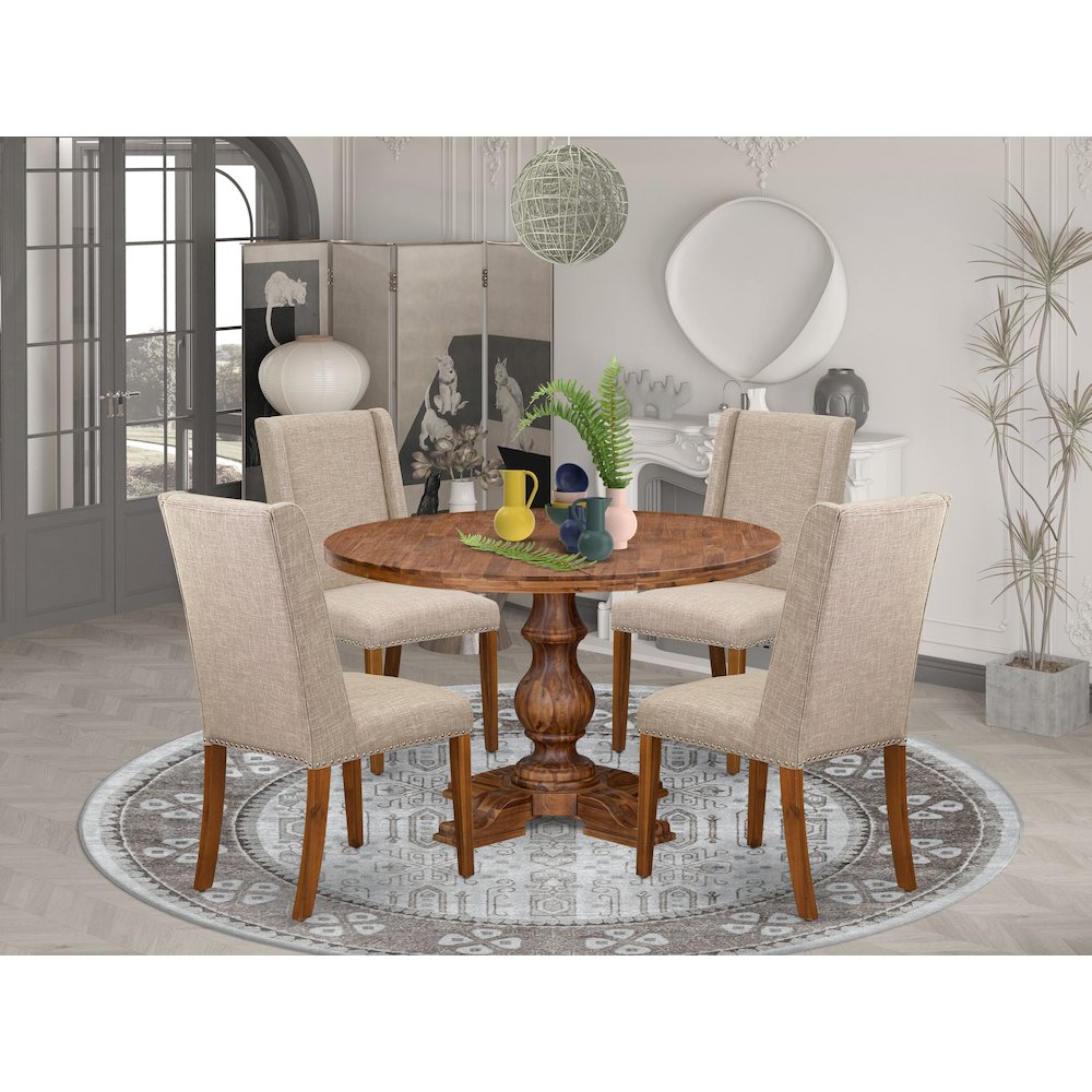 5-Piece Dining Room Set A Dining Table, 4 Light Tan Fabric Upholstered Chairs. Picture 2